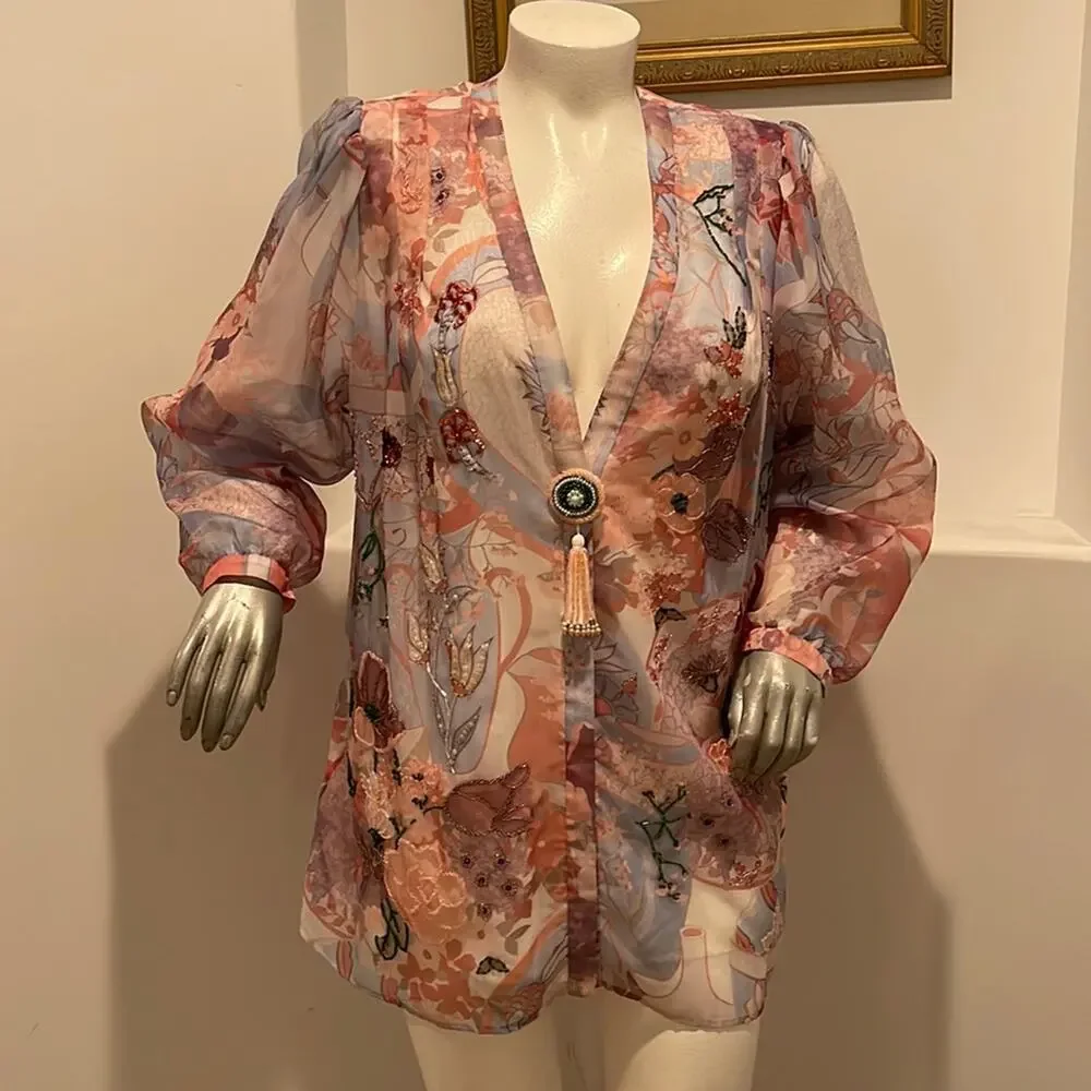 Diane Freis Original Sheer Floral Beaded Blouse Jacket Tassel Clasp Vintage